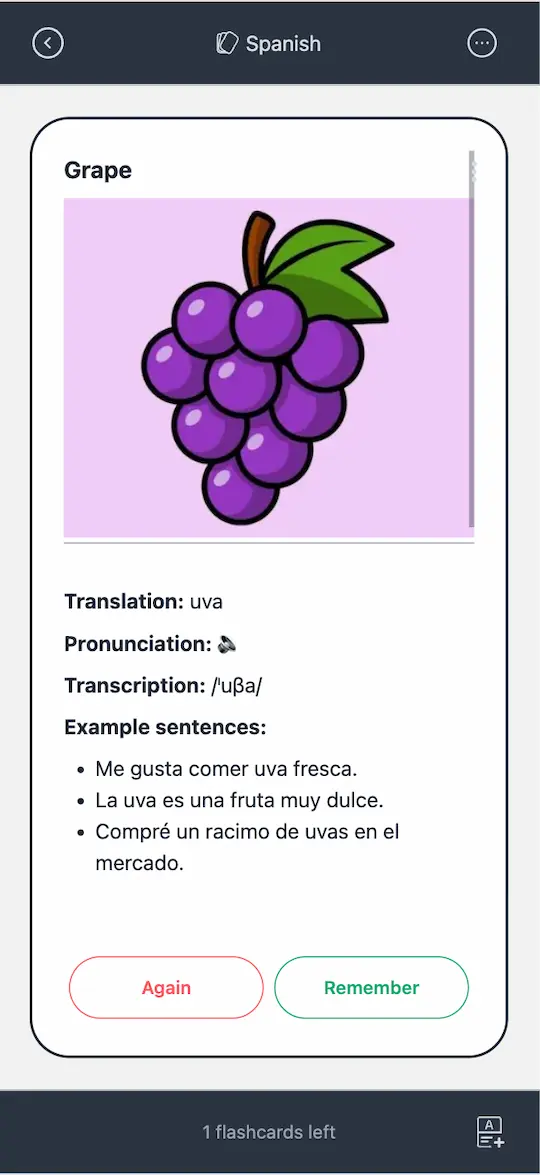 Memory Grapes flashcards on a phone