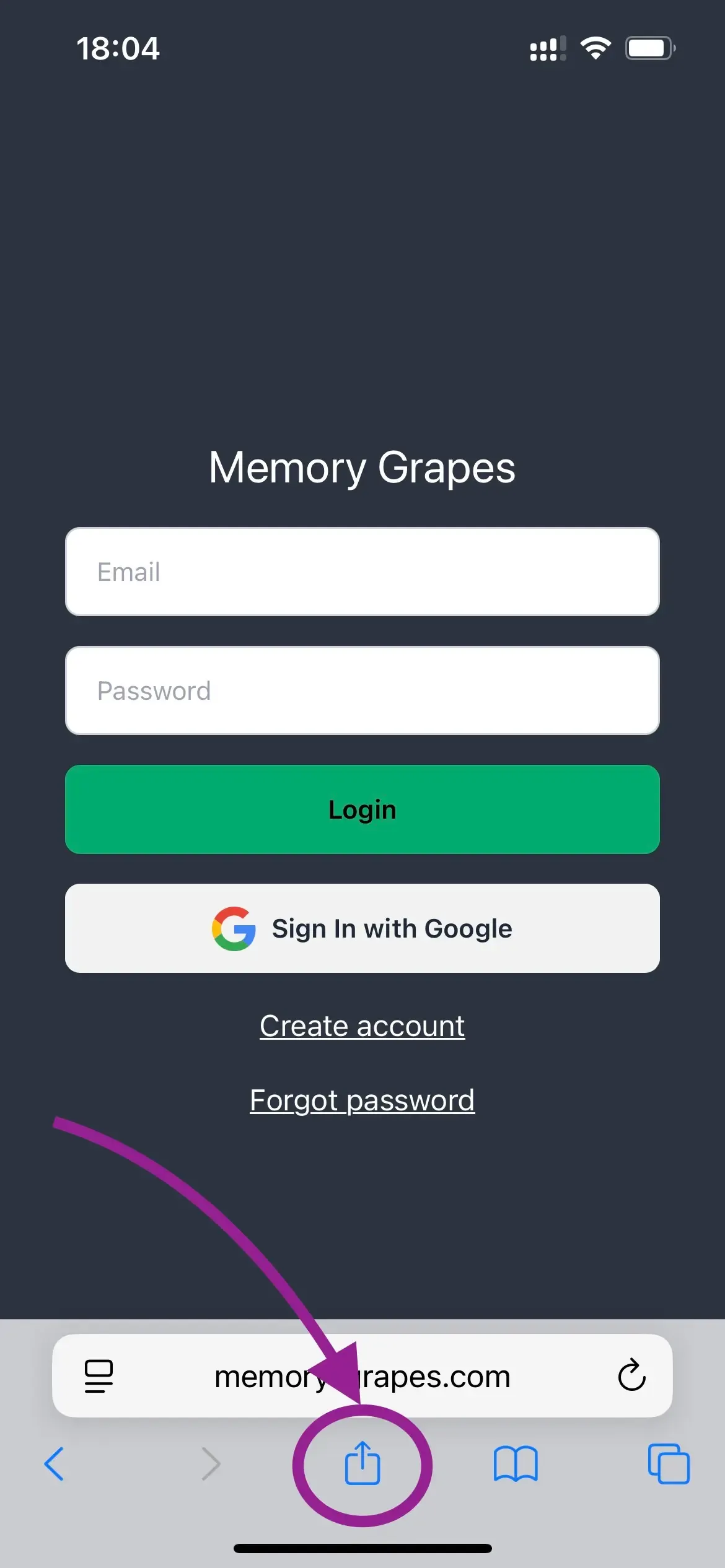 Screenshot showing the share button in a mobile browser interface