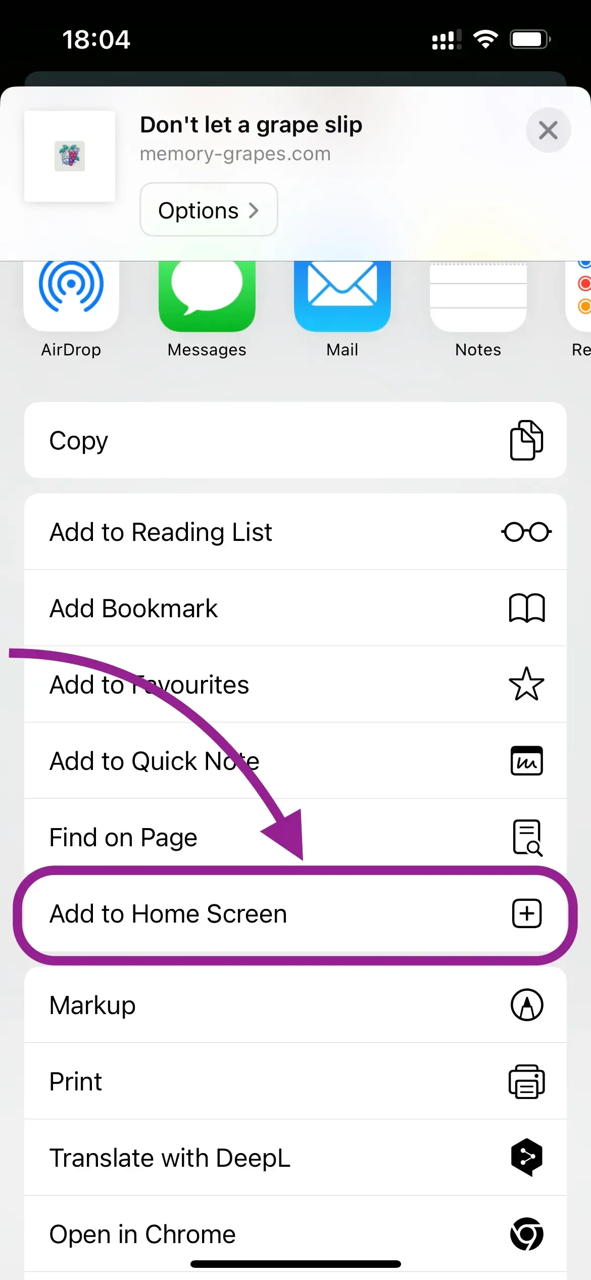 Screenshot showing the 'Add to Home Screen' option in the share menu