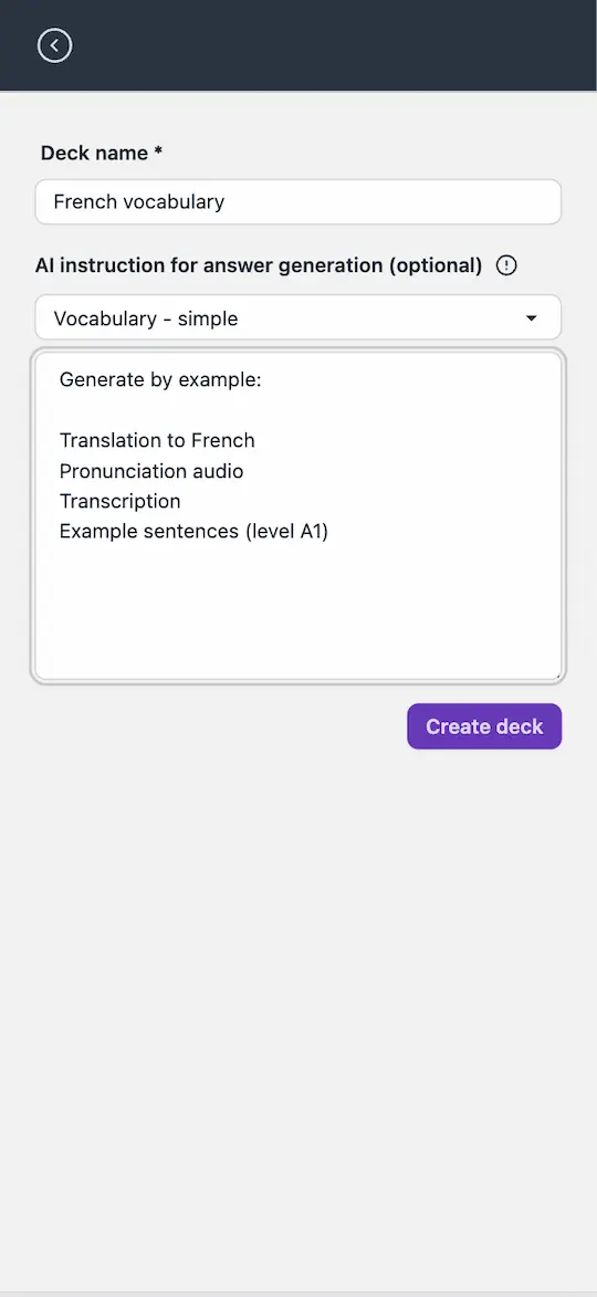 Choosing a deck template while creating a French vocabulary deck
