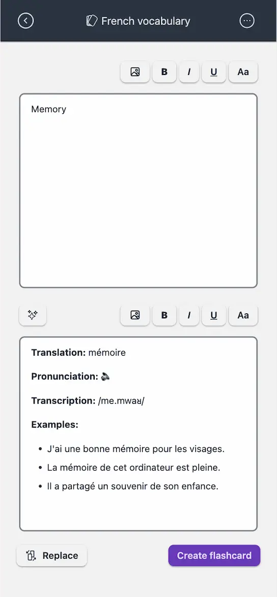 A flashcard with an AI-generated answer in the rich-text editor